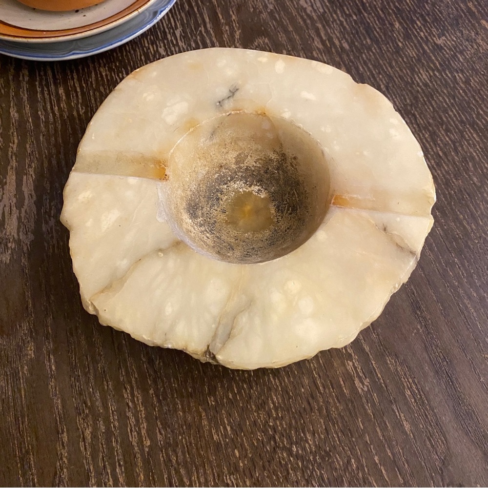 Vintage Italian alabaster yellow stone marble carved MCM modern ashtray incense